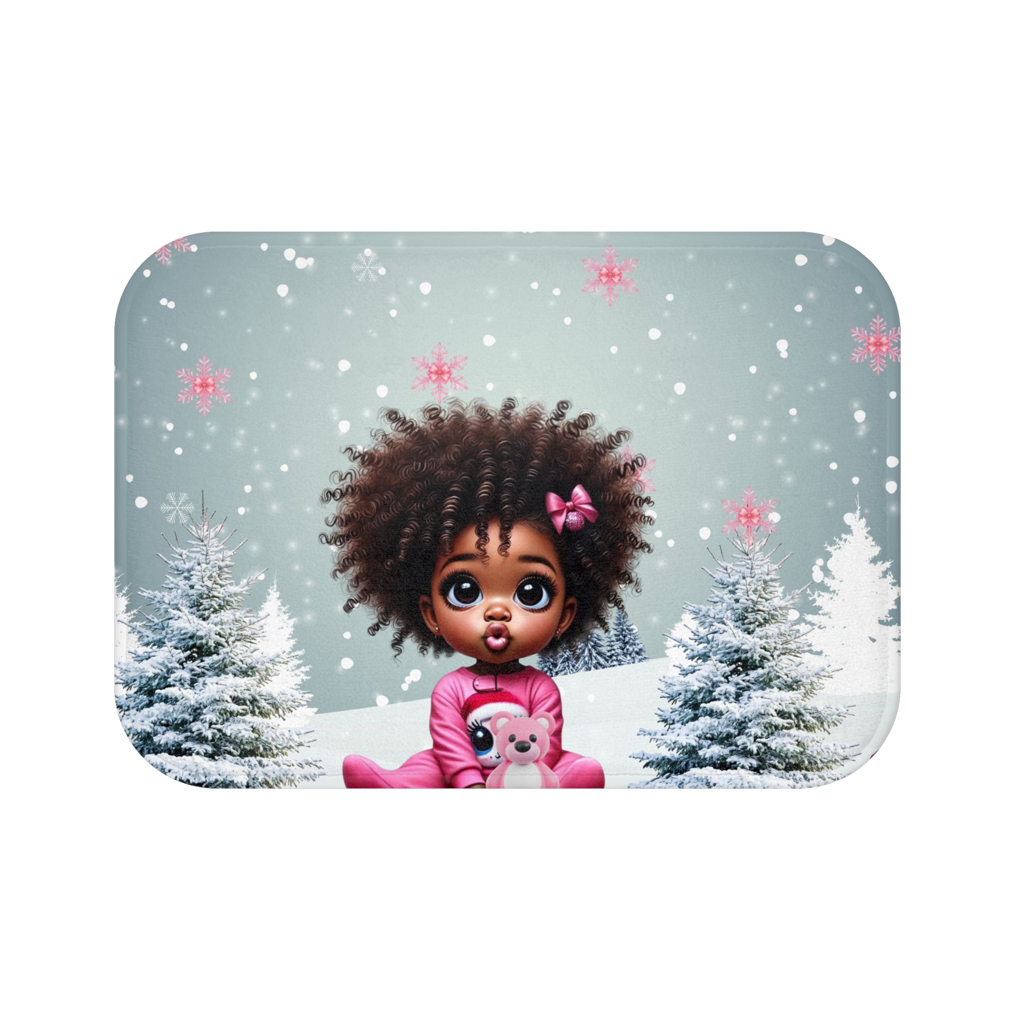 Cute Black Baby Girl Winter Bath Mat – Snowy Pines, Pink Pajama Design