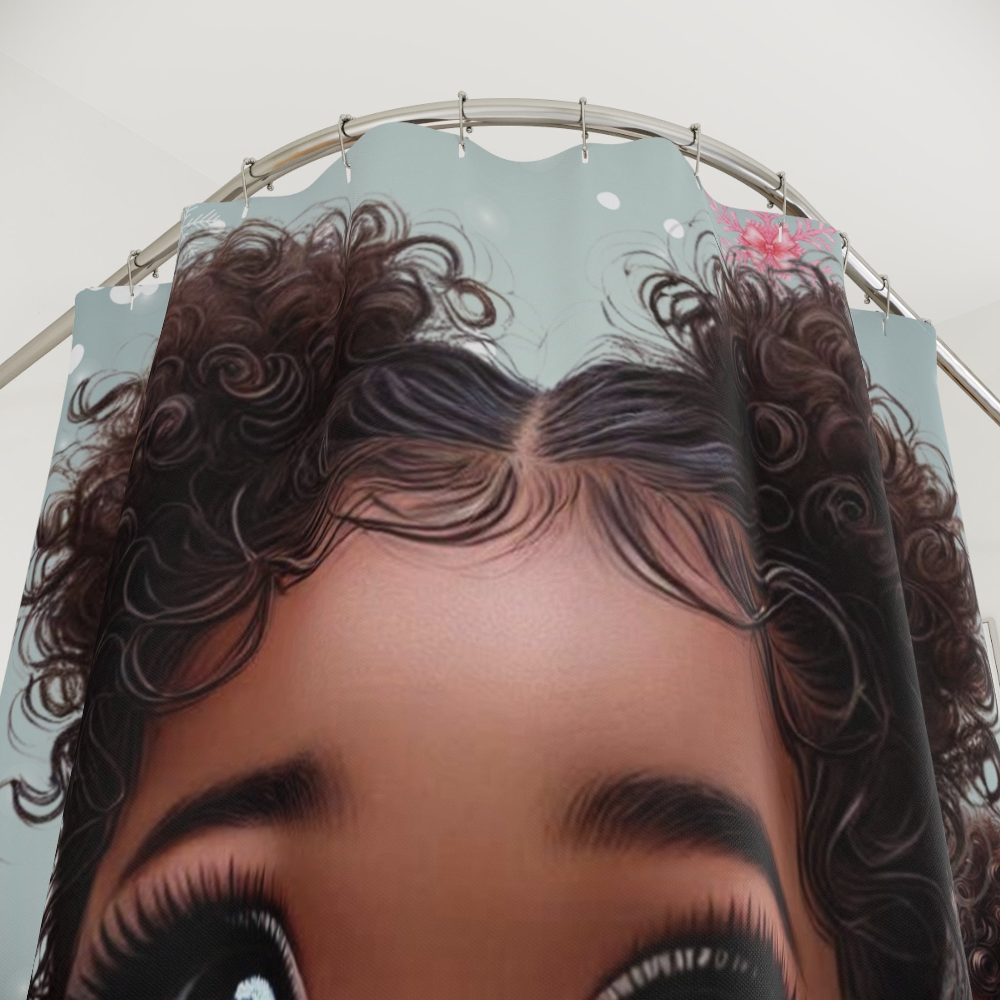 Cute Curly-Haired Girl Shower Curtain – Winter Snowflake Nursery Decor