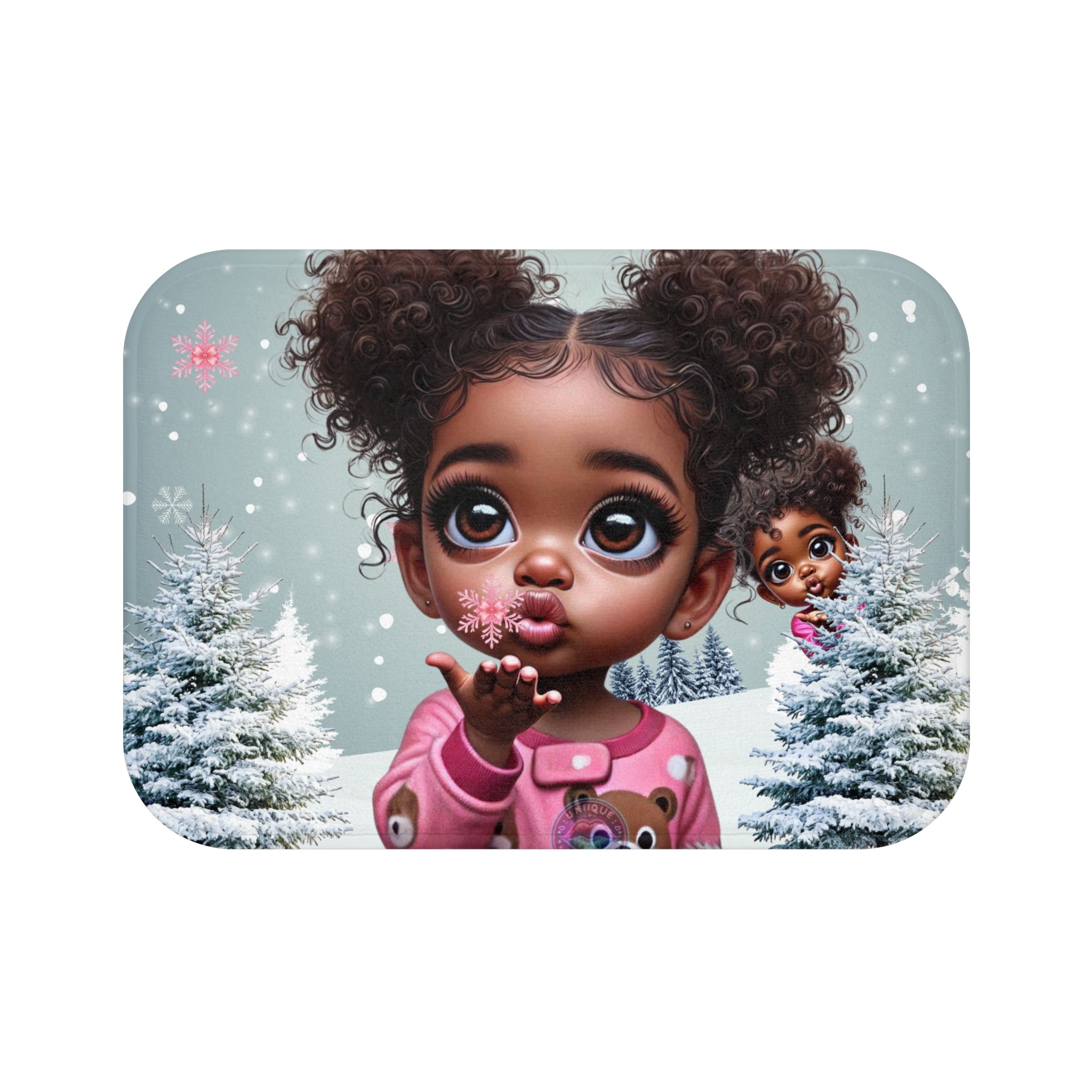 Cute Black Baby Girl Winter Bath Mat — Snowy Trees, Blowing Kiss Holiday Decor