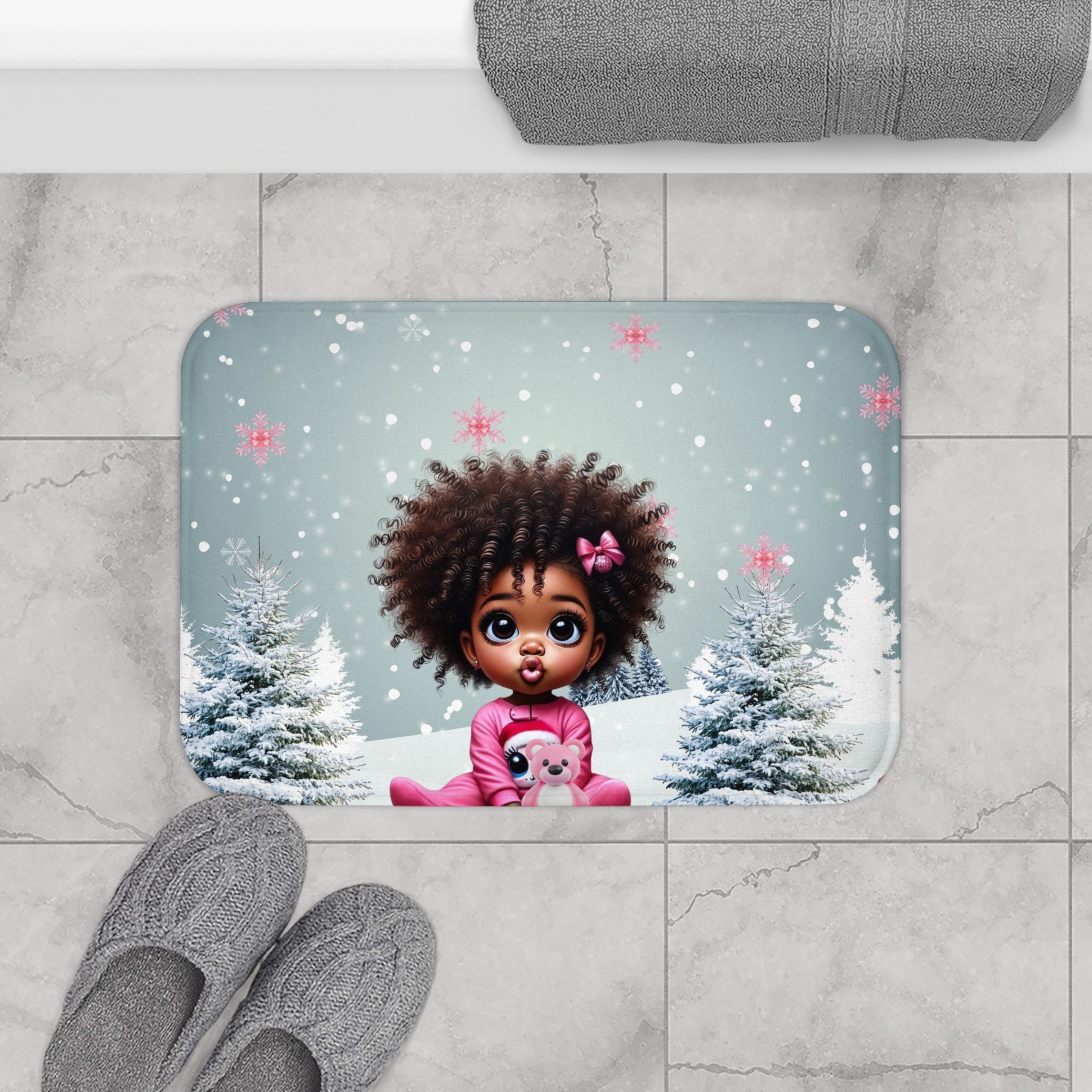 Cute Black Baby Girl Winter Bath Mat – Snowy Pines, Pink Pajama Design