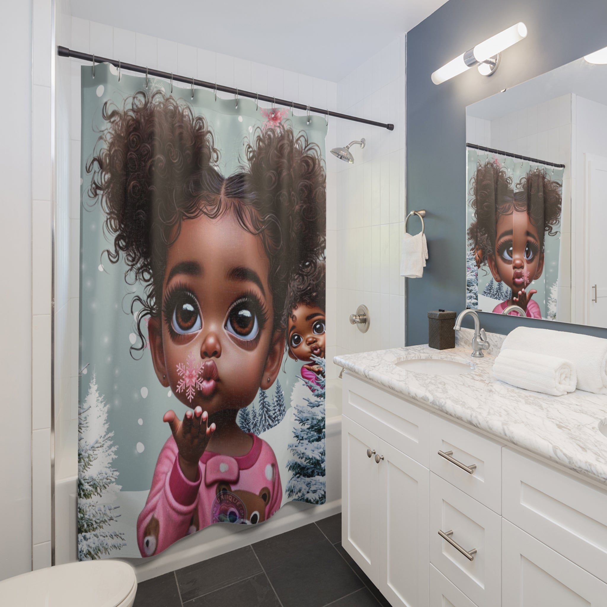 Cute Curly-Haired Girl Shower Curtain – Winter Snowflake Nursery Decor