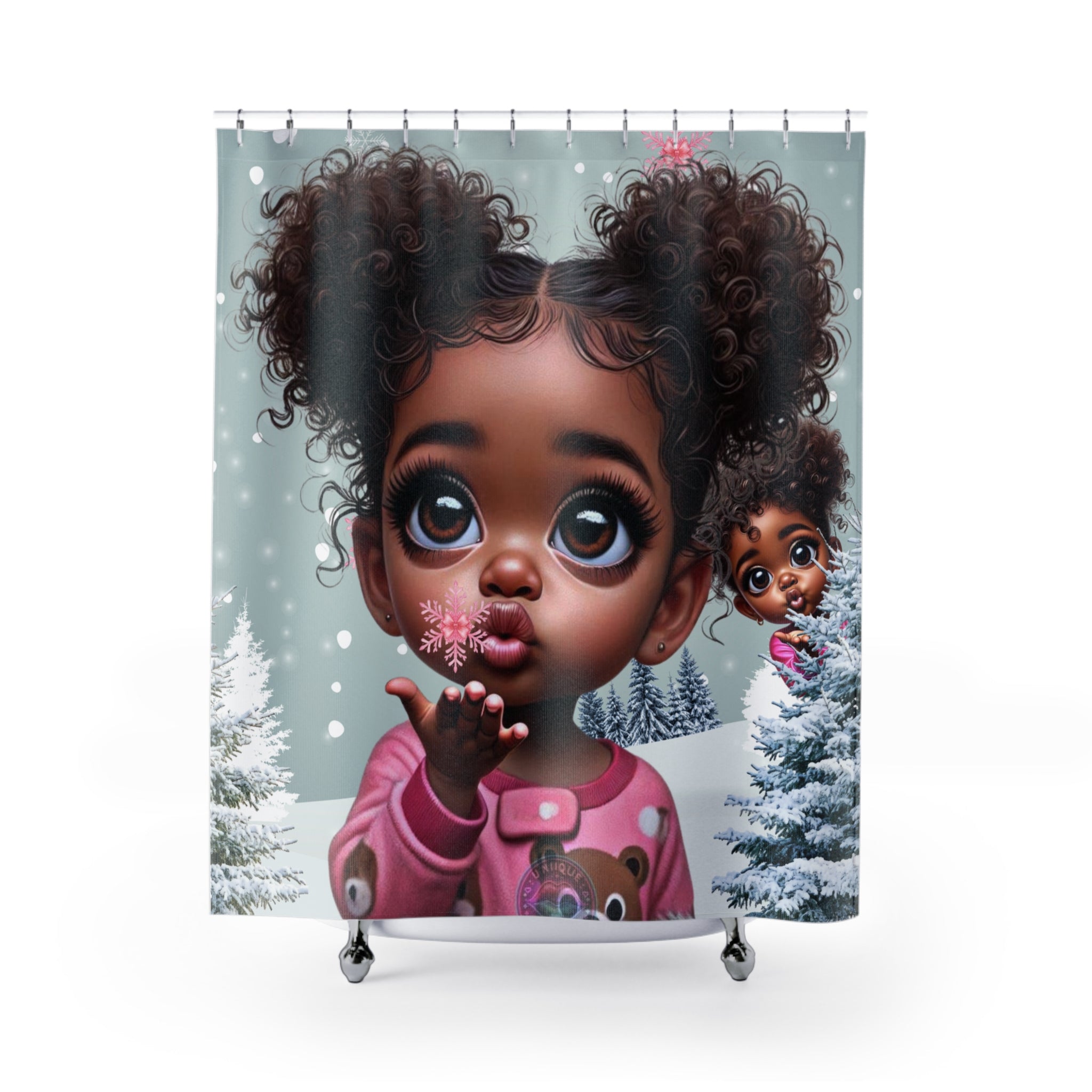 Cute Curly-Haired Girl Shower Curtain – Winter Snowflake Nursery Decor