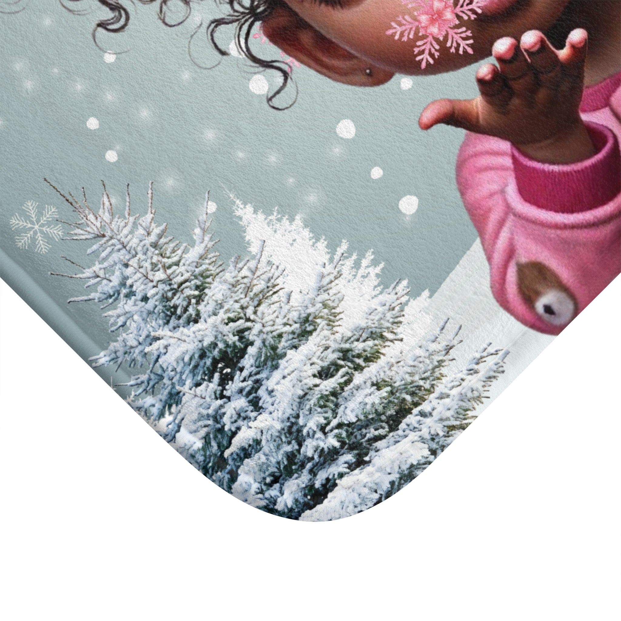 Cute Black Baby Girl Winter Bath Mat — Snowy Trees, Blowing Kiss Holiday Decor