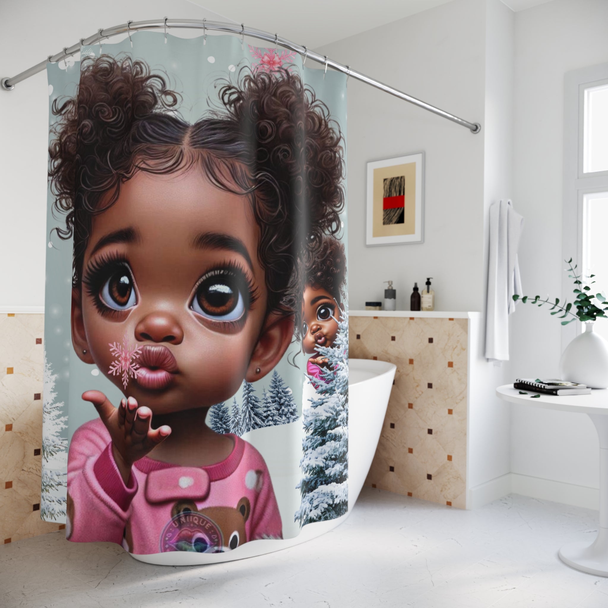 Cute Curly-Haired Girl Shower Curtain – Winter Snowflake Nursery Decor