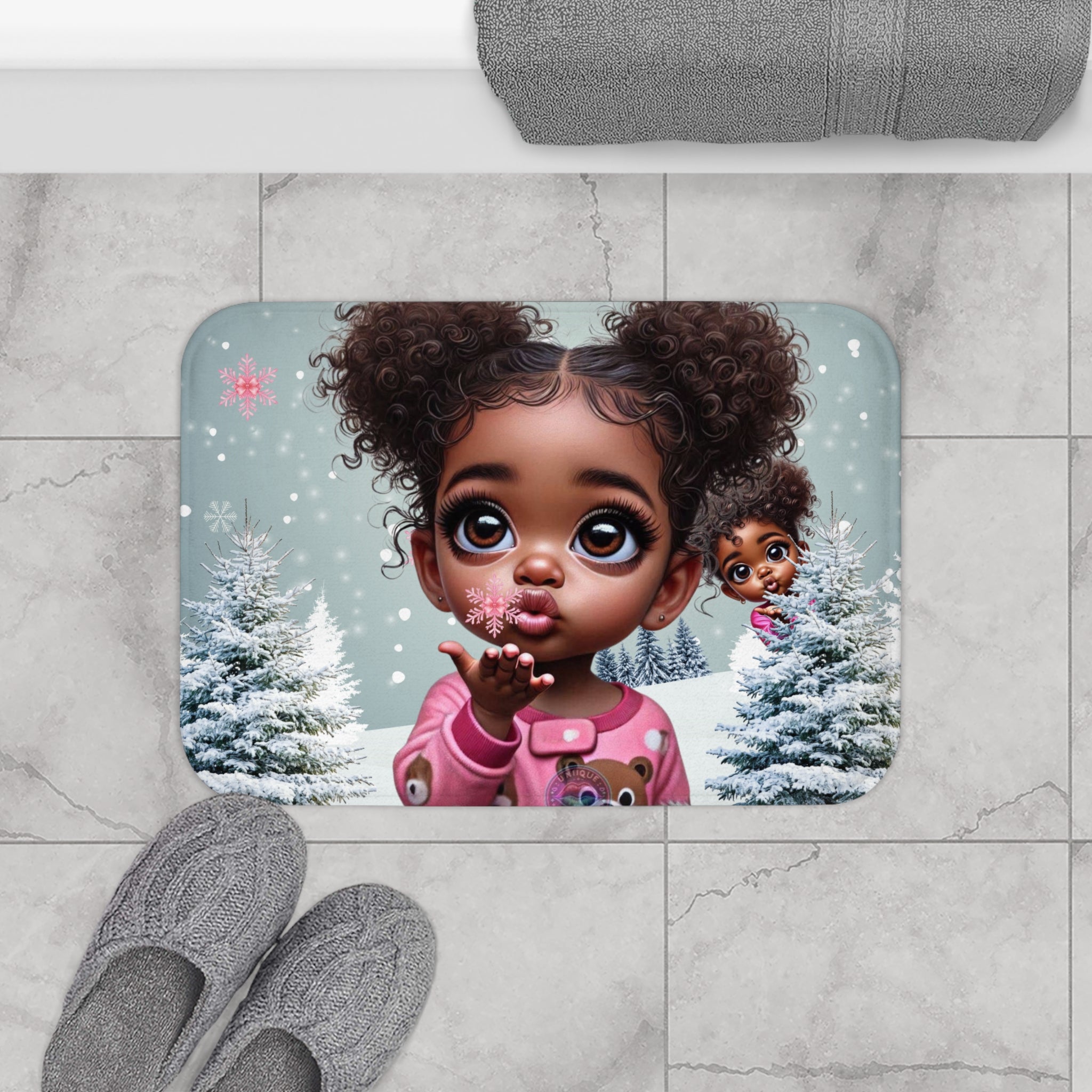 Cute Black Baby Girl Winter Bath Mat — Snowy Trees, Blowing Kiss Holiday Decor